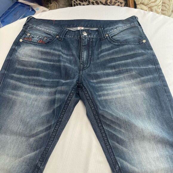 True Religion Men's Plaid Insert Big T Straight Stretch Denim Jeans Size 38 X 34 - Picture 5 of 11